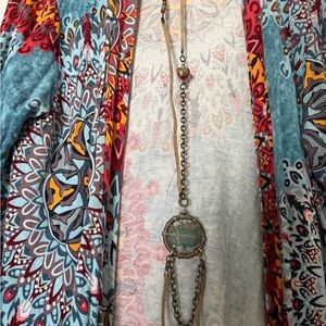 Boho Turquoise Pendant Necklace with Multicolor Kimono